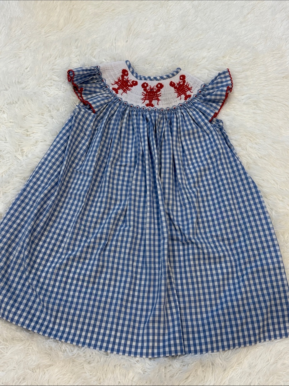 Blue Gingham Smocked Kids Dress with Red Embroidery